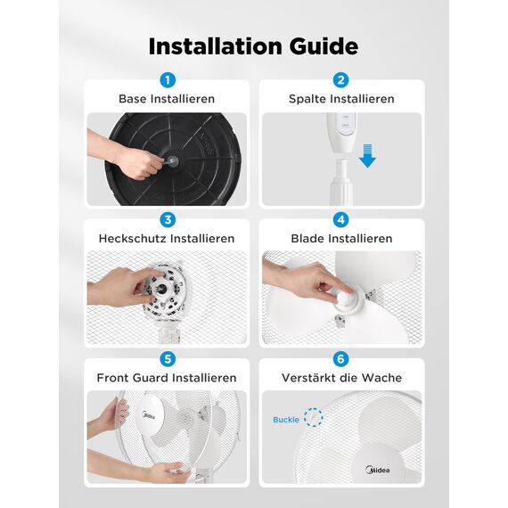 Midea FS40-16JRA Standventilator, Starke Windkraft, Großes Luftvolumen, 40 W Leistung, Fernbedienung, Leiser Betrieb 55 dB-65 dB, Höhenverstellbar: Bis zu 130 mm, Drei-Geschwindigkeits-Einstellung