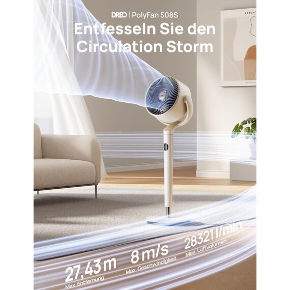 Dreo Smart Standventilator mit RGB Light, 120° +120° Oszillierender Ventilator mit Fernbedienung, 20dB Leiser Bodenventilator für Schlafzimmer, 90ft, 8H Timer, Weiß