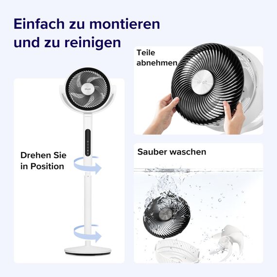 Levoit DC Motor Standventilator, 20dB leiser Ventilator, 30m Wurfweite, 2465m³/h Luftvolumen, Fan mit Fernbedienung und Kühlung, 2 in 1 höhenverstellbar, 4 Modi/12 Stufen/12 Std Timer, Weiß, 110cm