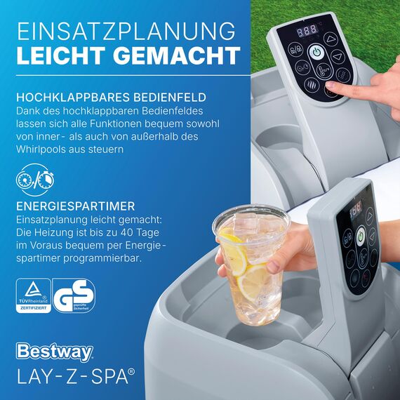 Bestway Lay-Z-SPA Energiespar-Whirlpool Miami AirJet, Ø 180 x 66 cm, 4 Personen, Heizung, Frostwächter, 120 AirJet-Düsen, Energiespardämmung, Thermo-Abdeckung, Dunkelblau