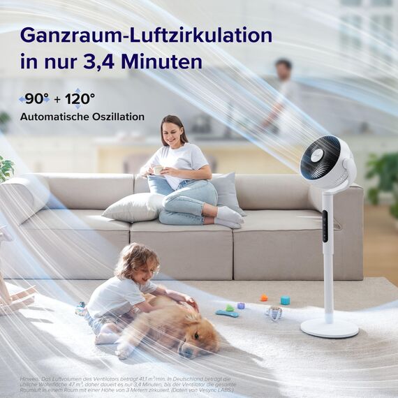 Levoit DC Motor Standventilator, 20dB leiser Ventilator, 30m Wurfweite, 2465m³/h Luftvolumen, Fan mit Fernbedienung und Kühlung, 2 in 1 höhenverstellbar, 4 Modi/12 Stufen/12 Std Timer, Weiß, 110cm