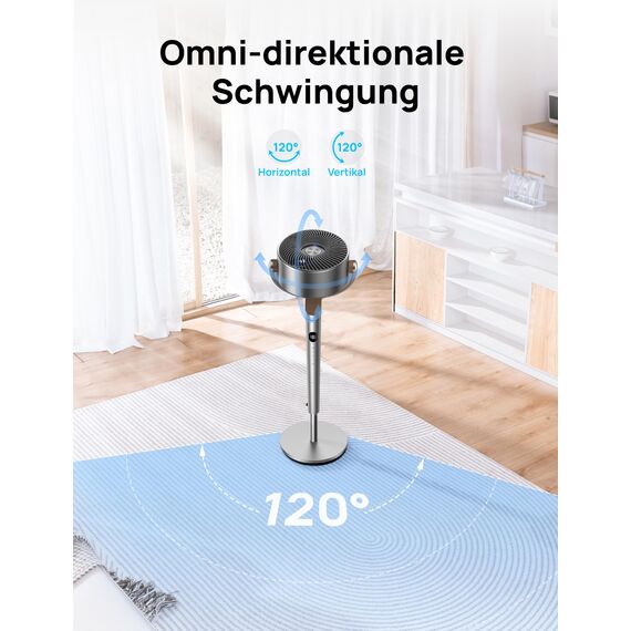 Dreo 20dB leiser Standventilator, 120°+120° Omni-direktionale oszillierende Ventilator, 26M Windentfernung, 1200m³/h Luftvolumen Echt Turbo-Luftzirkulator Fans, 102CM Höhe 3 Modi 8-Geschwindigkeit