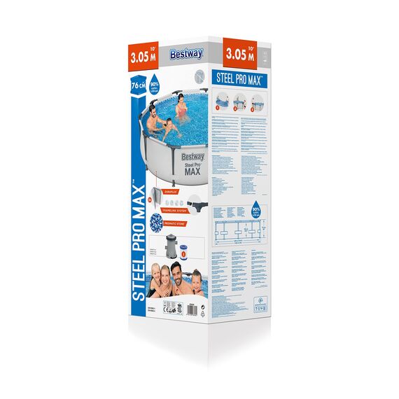 Bestway Steel Pro MAX Frame Pool-Set mit Filterpumpe Ø 305 x 76 cm, lichtgrau, rund & Flowclear™ quadratische Bodenplane, 396 x 396 cm, für Aufstellpools bis Ø 366 cm, blau