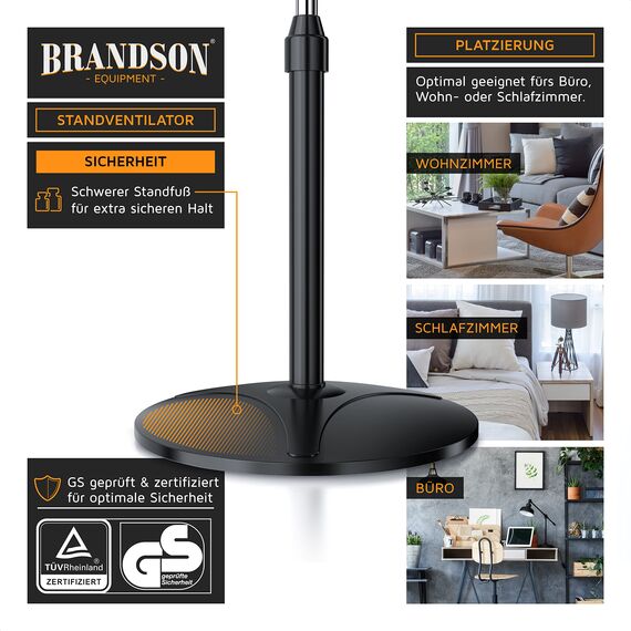 Brandson - Standventilator mit Fernbedienung 50 W - Preisträger 2025 - Standlüfter leise – Ventilator höhenverstellbar - um 40° verstellbar - 3 Geschwindigkeitsstufen - Oszillation ca. 90° - schwarz