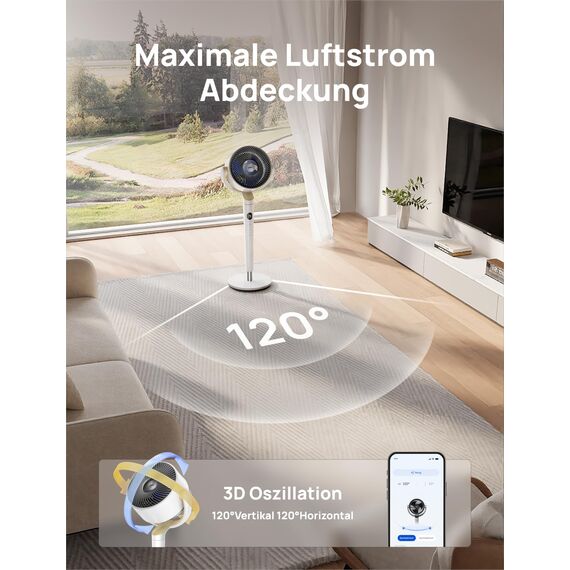 Dreo Smart Standventilator mit RGB Light, 120° +120° Oszillierender Ventilator mit Fernbedienung, 20dB Leiser Bodenventilator für Schlafzimmer, 90ft, 8H Timer, Weiß