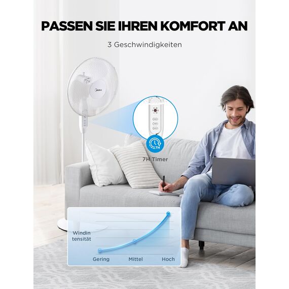 Midea FS40-16JRA Standventilator, Starke Windkraft, Großes Luftvolumen, 40 W Leistung, Fernbedienung, Leiser Betrieb 55 dB-65 dB, Höhenverstellbar: Bis zu 130 mm, Drei-Geschwindigkeits-Einstellung