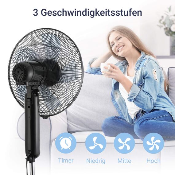 Midea FS40-15FR Standventilator Leise mit Fernbedienung,3 Geschwindigkeitsstufen,LED Anzeige, 7,5H Timer,höhenverstellbar, 80°Oszil-lationsfunktion, 55W Kraftvoller,Ventilator,Luftzirkulation, Schwarz