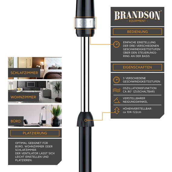 Brandson - Standventilator 40cm - Preisträger 2025 - Ventilator Standfuß höhenverstellbar - hoher Luftdurchsatz, 3 Geschwindigkeitsstufen - Oszillationsfunktion 80° - silber schwarz