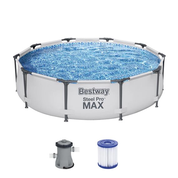 Bestway Steel Pro MAX Frame Pool-Set mit Filterpumpe Ø 305 x 76 cm, lichtgrau, rund & Flowclear™ quadratische Bodenplane, 396 x 396 cm, für Aufstellpools bis Ø 366 cm, blau