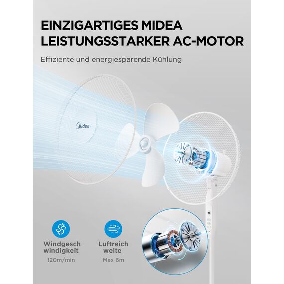 Midea FS40-16JRA Standventilator, Starke Windkraft, Großes Luftvolumen, 40 W Leistung, Fernbedienung, Leiser Betrieb 55 dB-65 dB, Höhenverstellbar: Bis zu 130 mm, Drei-Geschwindigkeits-Einstellung