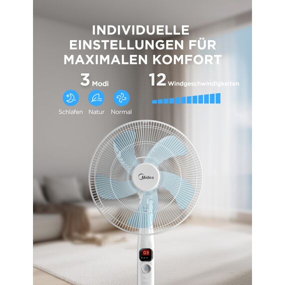 Midea FS40-16CR DC Motor Standventilator leise Extreme,mit Fernbedienung,12 Geschwindigkeiten,12H Timer,4 Modi,LED-Anzeige,energiesparend,22 dB,höhenverstellbar,Luftzirkulation, Weiß