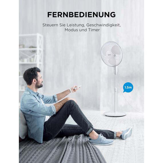 Midea FS40-16JA Standventilator, Starke Windkraft, Großes Luftvolumen, 40 W Leistung, Fernbedienung, Leiser Betrieb 55 dB-65 dB, Höhenverstellbar: Bis zu 130 mm, Drei-Geschwindigkeits-Einstellung