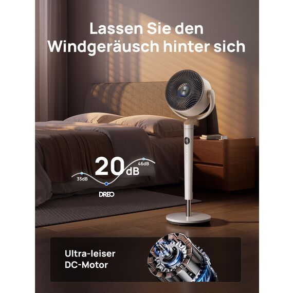 Dreo Smart Standventilator mit RGB Light, 120° +120° Oszillierender Ventilator mit Fernbedienung, 20dB Leiser Bodenventilator für Schlafzimmer, 90ft, 8H Timer, Weiß