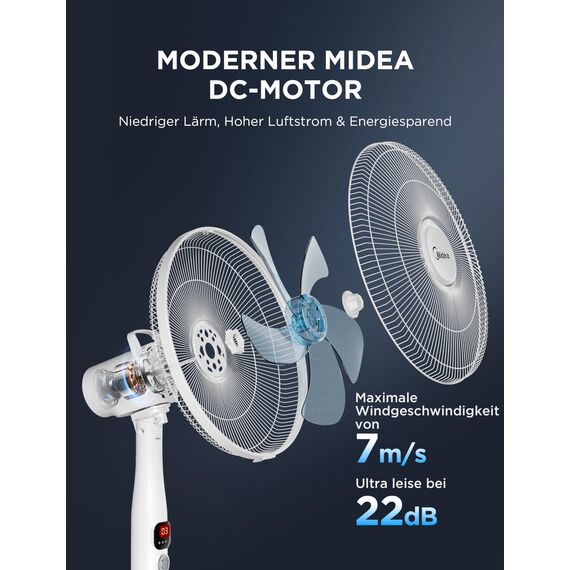 Midea FS40-16CR DC Motor Standventilator leise Extreme,mit Fernbedienung,12 Geschwindigkeiten,12H Timer,4 Modi,LED-Anzeige,energiesparend,22 dB,höhenverstellbar,Luftzirkulation, Weiß
