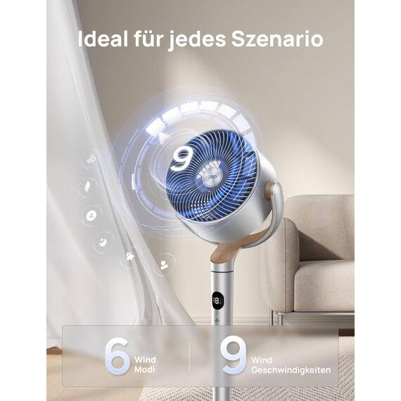 DREO Smart Standventilator mit RGB Light, 120° +120° Oszillierender Ventilator mit Fernbedienung, 20dB Leiser Bodenventilator für Schlafzimmer, 8H Timer, Silber