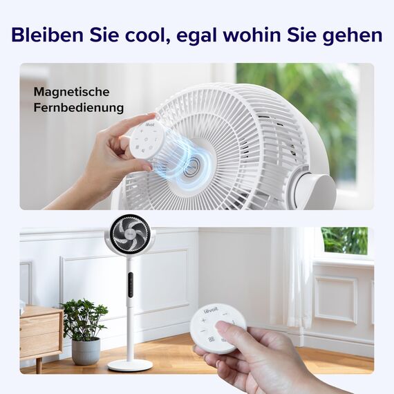 Levoit DC Motor Standventilator, 20dB leiser Ventilator, 30m Wurfweite, 2465m³/h Luftvolumen, Fan mit Fernbedienung und Kühlung, 2 in 1 höhenverstellbar, 4 Modi/12 Stufen/12 Std Timer, Weiß, 110cm