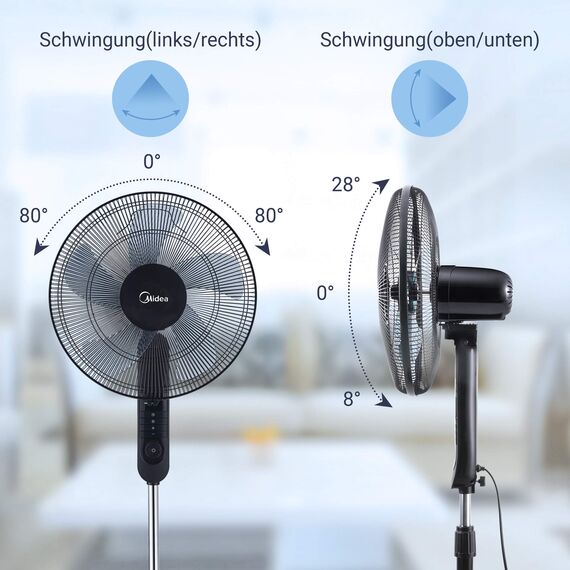 Midea FS40-15FR Standventilator Leise mit Fernbedienung,3 Geschwindigkeitsstufen,LED Anzeige, 7,5H Timer,höhenverstellbar, 80°Oszil-lationsfunktion, 55W Kraftvoller,Ventilator,Luftzirkulation, Schwarz