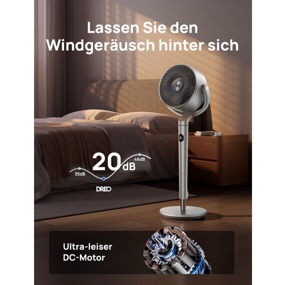 DREO Smart Standventilator mit RGB Light, 120° +120° Oszillierender Ventilator mit Fernbedienung, 20dB Leiser Bodenventilator für Schlafzimmer, 8H Timer, Silber