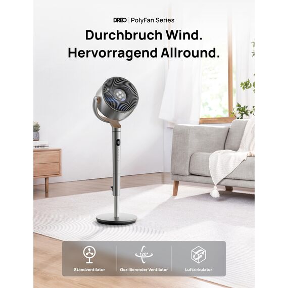 DREO Smart Standventilator, 120°+120° Oszillierend Ventilator mit Wi-Fi/Sprachsteuerung, 20dB Leiser Bodenventilator für Schlafzimmer, einstellbare Höhe, 8 Geschwindigkeiten, 6 Modi, 12H Timer