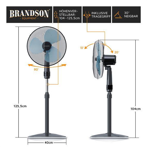 Brandson - Standventilator mit Fernbedienung 50 W - Preisträger 2025 - Standlüfter leise – Ventilator höhenverstellbar - um 40° verstellbar - 3 Geschwindigkeitsstufen - Oszillation ca. 90° - schwarz