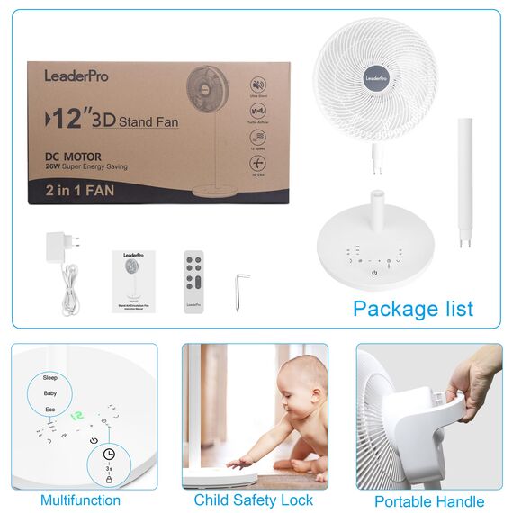LeaderPro 2in1 DC Motor Standventilator - Ventilator Leise 12.8dB 3D Oszillierend mit Fernbedienung/Energie Sparen/Turbo Luftzirkulator Raumventilator
