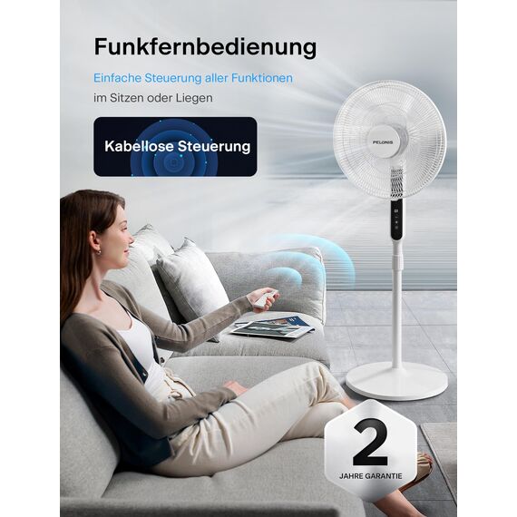 PELONIS Standventilator Leise mit Fernbedienung, 16 Zoll DC Motor Ventilator mit 85° Oszilation, Höhenverstellbar, 12 Geschwindigkeitsstufen, 12H Timer, 35W Kraftvoller Luftzirkulation