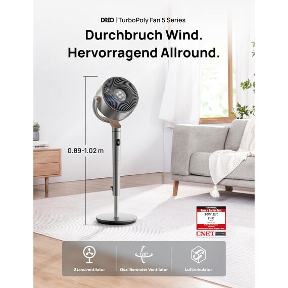 Dreo 20dB leiser Standventilator, 120°+120° Omni-direktionale oszillierende Ventilator, 26M Windentfernung, 1200m³/h Luftvolumen Echt Turbo-Luftzirkulator Fans, 102CM Höhe 3 Modi 8-Geschwindigkeit