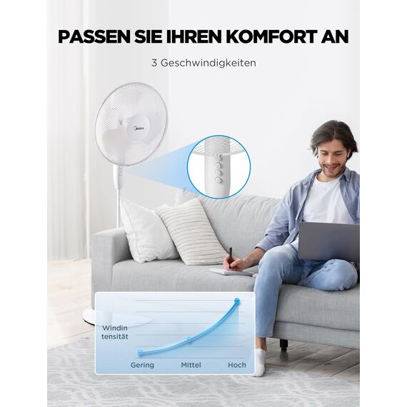 Midea FS40-16JA Standventilator, Starke Windkraft, Großes Luftvolumen, 40 W Leistung, Fernbedienung, Leiser Betrieb 55 dB-65 dB, Höhenverstellbar: Bis zu 130 mm, Drei-Geschwindigkeits-Einstellung