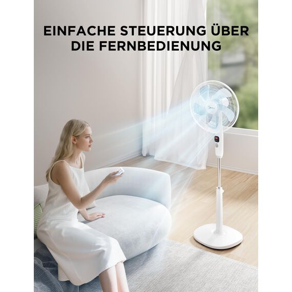 Midea FS40-16CR DC Motor Standventilator leise Extreme,mit Fernbedienung,12 Geschwindigkeiten,12H Timer,4 Modi,LED-Anzeige,energiesparend,22 dB,höhenverstellbar,Luftzirkulation, Weiß