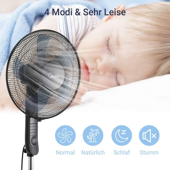 Midea FS40-15FR Standventilator Leise mit Fernbedienung,3 Geschwindigkeitsstufen,LED Anzeige, 7,5H Timer,höhenverstellbar, 80°Oszil-lationsfunktion, 55W Kraftvoller,Ventilator,Luftzirkulation, Schwarz
