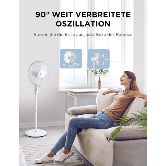 Midea FS40-16JA Standventilator, Starke Windkraft, Großes Luftvolumen, 40 W Leistung, Fernbedienung, Leiser Betrieb 55 dB-65 dB, Höhenverstellbar: Bis zu 130 mm, Drei-Geschwindigkeits-Einstellung