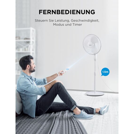 Midea FS40-16JRA Standventilator, Starke Windkraft, Großes Luftvolumen, 40 W Leistung, Fernbedienung, Leiser Betrieb 55 dB-65 dB, Höhenverstellbar: Bis zu 130 mm, Drei-Geschwindigkeits-Einstellung