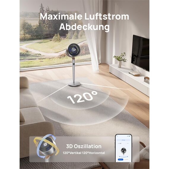 DREO Smart Standventilator mit RGB Light, 120° +120° Oszillierender Ventilator mit Fernbedienung, 20dB Leiser Bodenventilator für Schlafzimmer, 8H Timer, Silber