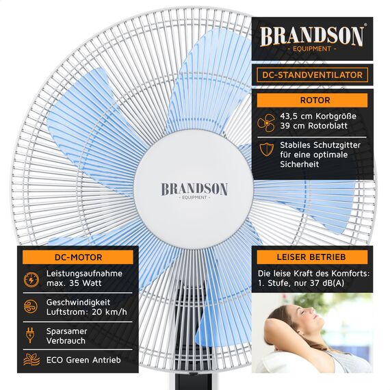 Brandson - DC Standventilator energiesparend ECO - Preisträger 2025 - Fernbedienung - Brushless Silent Motor -sehr leise – Oszilation 60° 90° 120° - Ventilator Timer – 12 Stufen - Turbo Modus - weiß