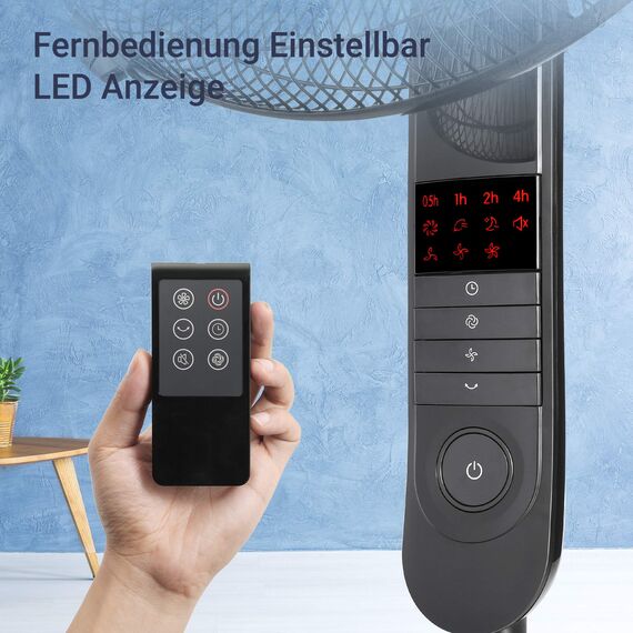 Midea FS40-15FR Standventilator Leise mit Fernbedienung,3 Geschwindigkeitsstufen,LED Anzeige, 7,5H Timer,höhenverstellbar, 80°Oszil-lationsfunktion, 55W Kraftvoller,Ventilator,Luftzirkulation, Schwarz