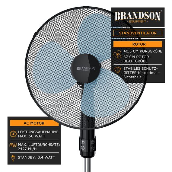 Brandson - Standventilator mit Fernbedienung 50 W - Preisträger 2025 - Standlüfter leise – Ventilator höhenverstellbar - um 40° verstellbar - 3 Geschwindigkeitsstufen - Oszillation ca. 90° - schwarz