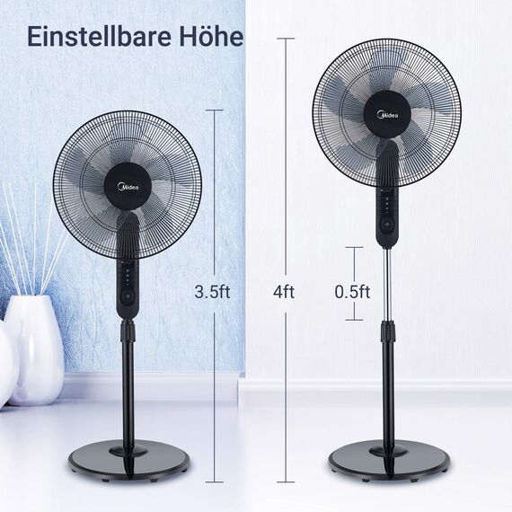 Midea FS40-15FR Standventilator Leise mit Fernbedienung,3 Geschwindigkeitsstufen,LED Anzeige, 7,5H Timer,höhenverstellbar, 80°Oszil-lationsfunktion, 55W Kraftvoller,Ventilator,Luftzirkulation, Schwarz