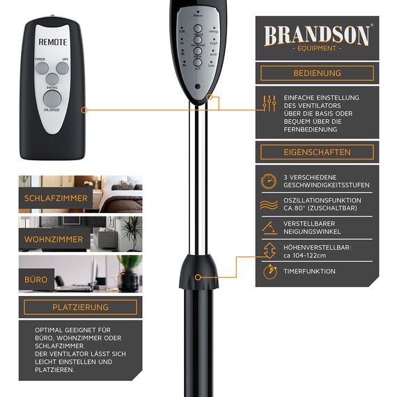 Brandson - Standventilator mit Fernbedienung Standlüfter - Ventilator höhenverstellbarer Standfuß - Neigungswinkel verstellbar - 50W - 3 verschiedene Geschwindigkeitsstufen - Oszillationsfunktion 80°