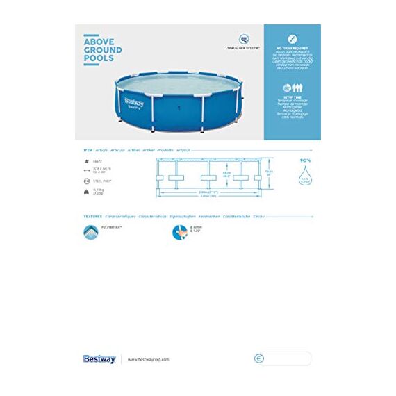 Bestway Steel Pro Frame Pool, rund, ohne Pumpe 305 x 76 cm, 56677, Blau, Ø 305 x 76 cm
