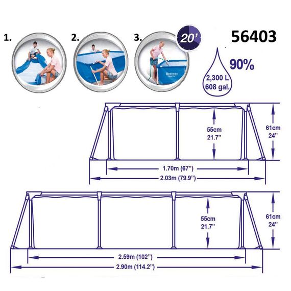 Bestway Frame Pool Deluxe Splash Jr. - Steel Pro, 259 x 170 x 61 cm, blau