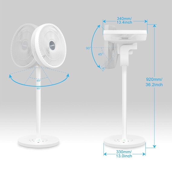 LeaderPro DC Motor Standventilator - Ventilator Leise 20dB 3D Oszillierend mit Fernbedienung/Höhe 92cm/6,8m/s/Durchmesser 34cm/9 Blätter/80% Energie Sparen/Turbo Luftzirkulator Raumventilator