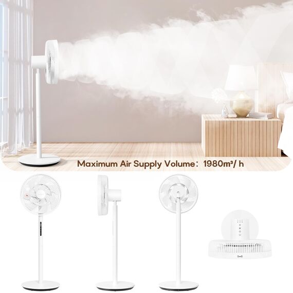 Neu DC Standventilator mit Bildschirm-12.8dB sehr Leise Ventilator mit Fernbedienung, 8 Stufen, Höhenverstellbar, Oszilation 120°, 8H Timer, Ventilator für Schlafzimmer, Wohnzimmer, Küche,Weiß