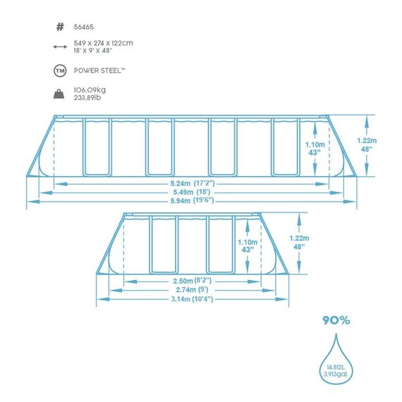 BESTWAY Power Steel Rectangular Pool Set 549x274x122 cm, Stahlrahmenpool-Set mit Filterpumpe und Zubehör