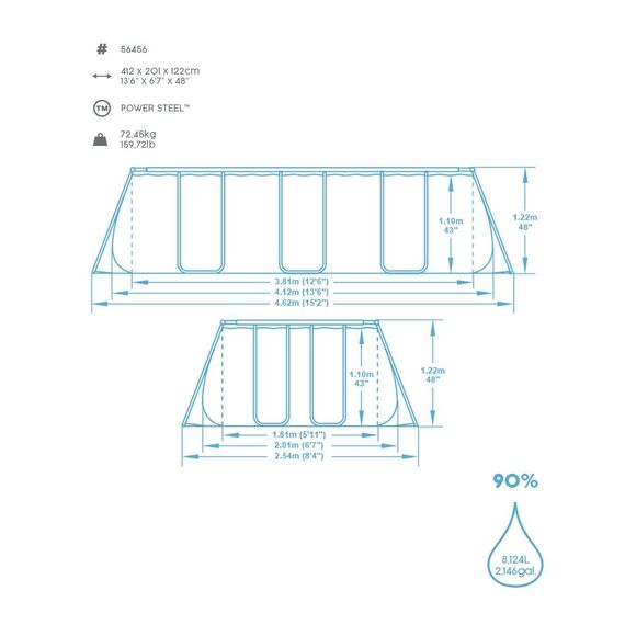 BESTWAY Power Steel Rectangular Pool Set 412x201x122 cm, Stahlrahmenpool-Set mit Filterpumpe und Zubehör