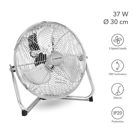 TROTEC Bodenventilator TVM 12 – 37 Watt, Neigungswinkel 100°, 3 Stufen, Ø 30 cm, kippfester Stand, leise, Silber