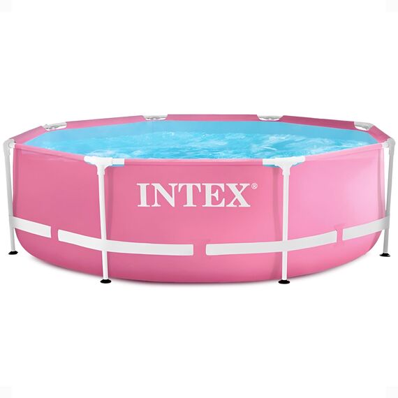 Intex 28290EH 2,4 m x 76,2 cm, einfach zu montieren, großer, runder Metallrahmen, oberirdischer Swimmingpool mit zwei Saugauslässen, Rosa