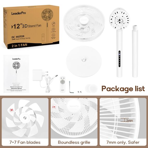 Neu DC Standventilator mit Bildschirm-12.8dB sehr Leise Ventilator mit Fernbedienung, 8 Stufen, Höhenverstellbar, Oszilation 120°, 8H Timer, Ventilator für Schlafzimmer, Wohnzimmer, Küche,Weiß