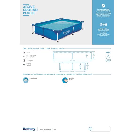 Bestway Steel Pro Frame Pool ohne Pumpe, viereckig 221x150x43 cm, Stahlrahmenpool, blau