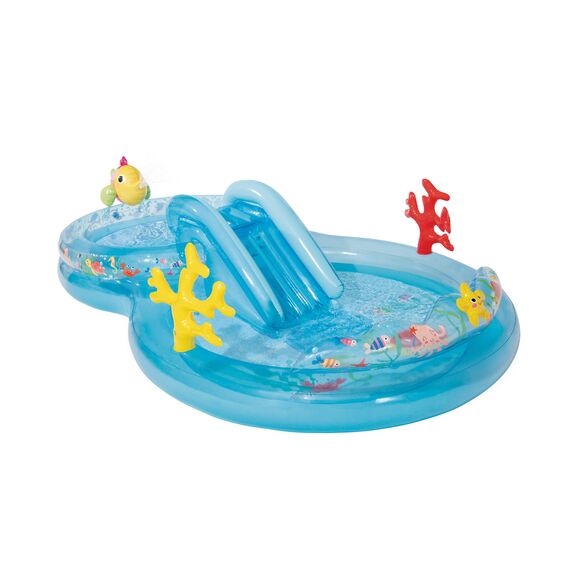 INTEX Aufblasbarer Kinderpool unter dem Meer: aufblasbarer Kinderpool mit Wassersprüher und Rutsche – Splash Pad – 309,9 x 193 x 71,1 cm – ab 3 Jahren