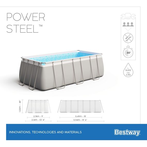 BESTWAY Power Steel Rectangular Pool Set 549x274x122 cm, Stahlrahmenpool-Set mit Filterpumpe und Zubehör